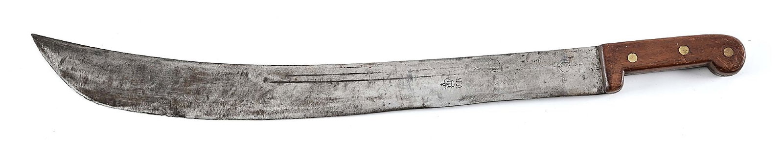 VICTORIAN CUTLASS OR MACHETE WITH CROWN OVER VR ON BLADE.: The slightly curved machete blade is stamped on left side with a large crown over "VR". Traces of three thin partial fullers visible on left side. Wood handle retained by three brass rivets. CONDITION