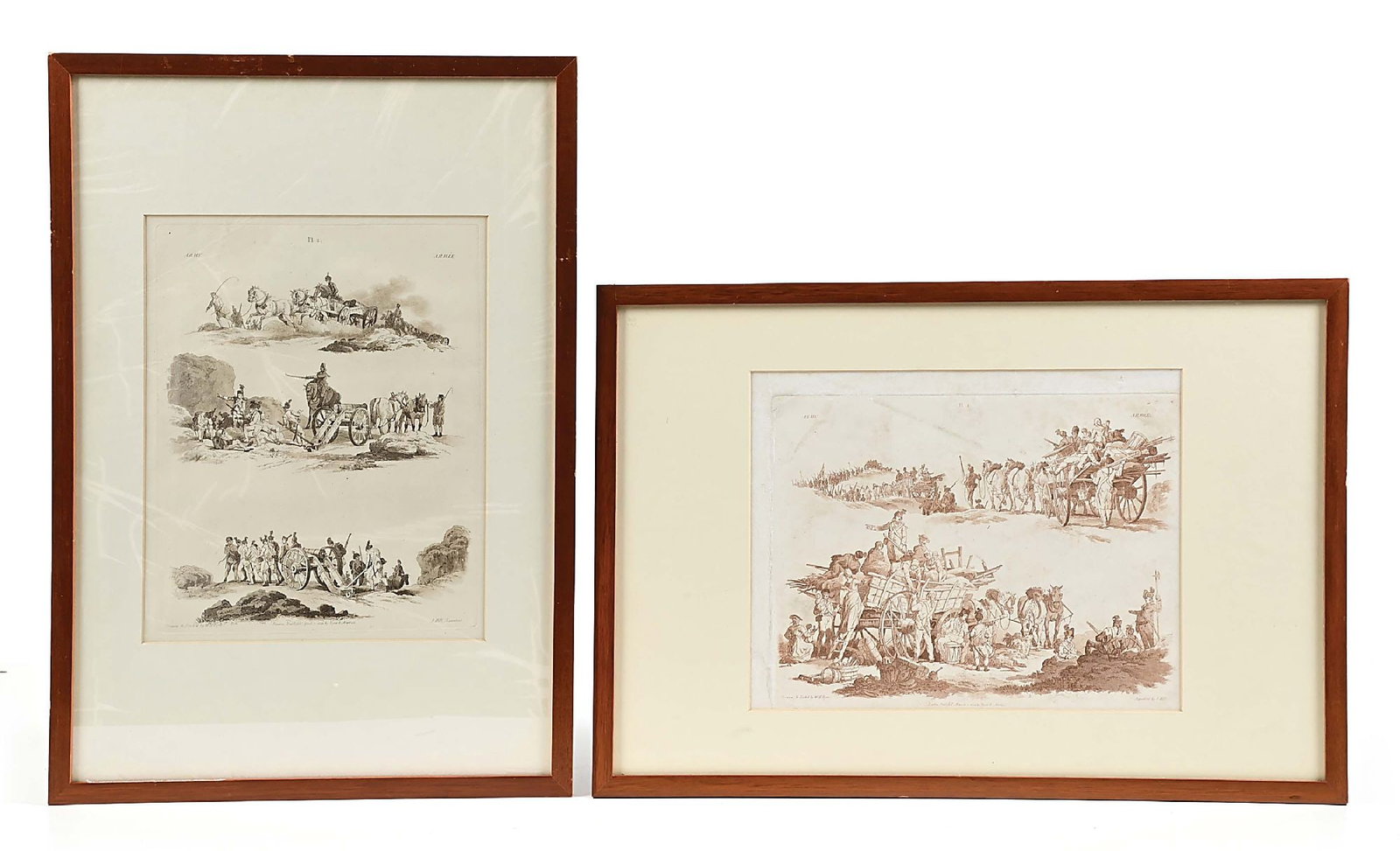 BRITISH NAPOLEONIC TROOPS IN CAMP AND FIELD: TWO AQUATINTS BY PYNE, 1802.: Two fine, framed sepia 1802 aquatint views (each 11 7/8 x 9 3/8 in.) of the British Army in the field during the Napoleonic epoch, both early strikes from Pyne’s “Microcosm:” The fir