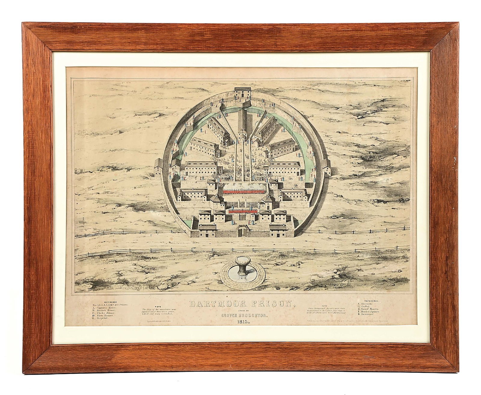 [WAR OF 1812]. BROUGHTON PRINT OF DARTMOOR PRISON.: Dartmoor Prison, Drawn by Glover Broughton. 1815. Color lithograph by Glover Broughton, Published by Tappan and Bradford, Boston,1853. 18 x 24.25 inches (view) within matted, glazed frame (not examine