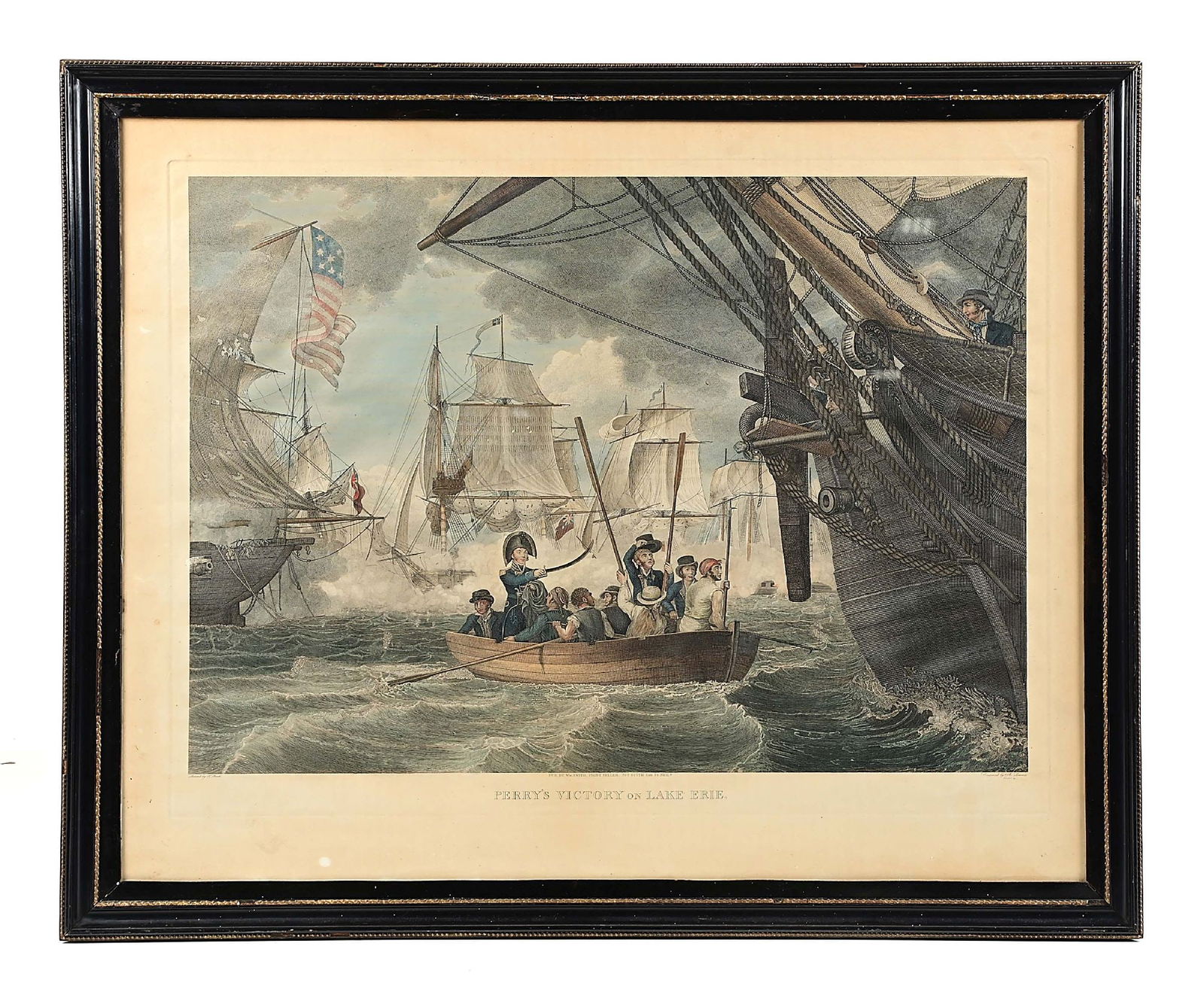AFTER THOMAS BIRCH. "PERRY’S VICTORY ON LAKE ERIE.": Painted by T. Birch. Engraved by A. Lawson. Printed by [blank]. Pub. By Wm. Smith, Print Seller, 702 South 3rd. St. Phila. [not dated, but probably 1814]. Hand-colored, line engraving, 20 ¼ x 27