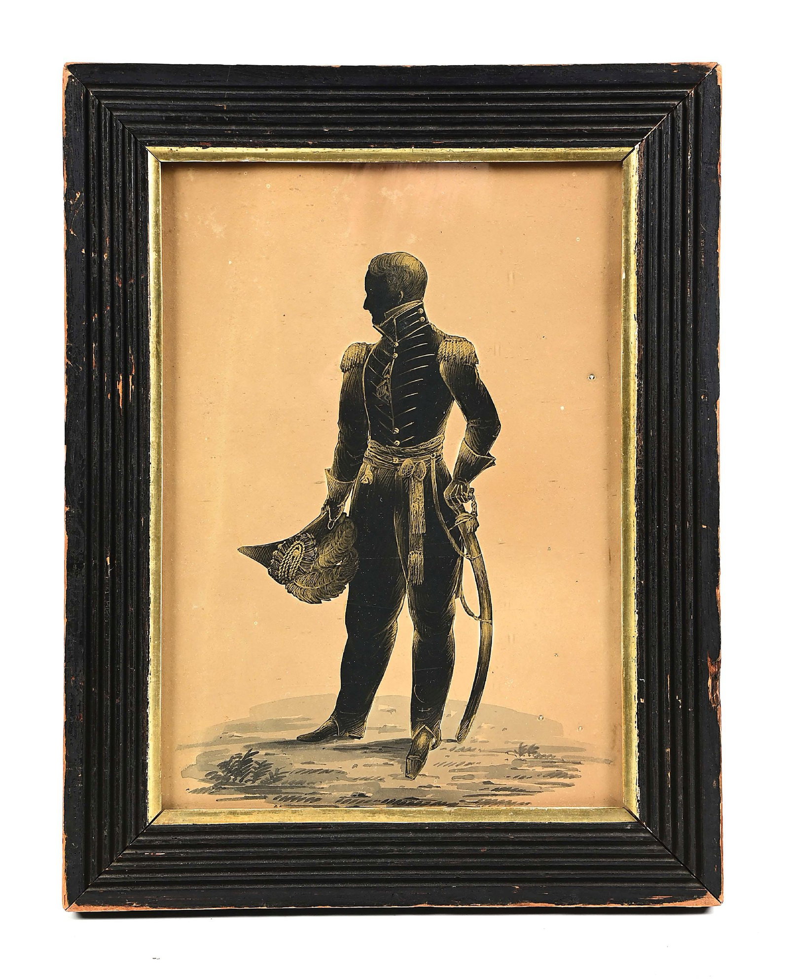 MASTER HUBARD SILHOUETTE OF AN 1820S US ARMY OFFICER.: William James Hubard. Silhouette of unknown US Army staff officer, c. 1827. Watercolor with gilt highlights on paper, 10 1/2 x 7 5/8 inches, under original glazing and in original carved, wood frame. 