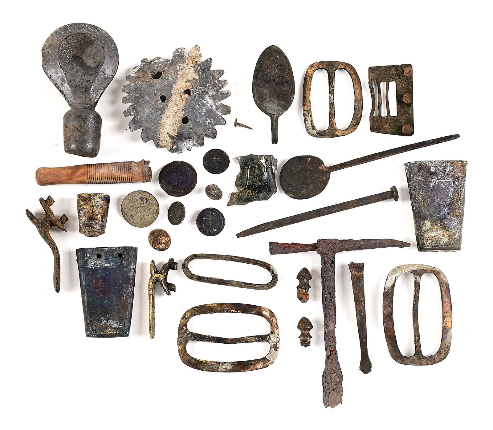 WAR OF 1812 BRITISH ARTIFACTS FROM THE CANADIAN BORDER: LOT OF 29: A collection of 29 artifacts found near a cantonment occupied during the War of 1812 by the 2nd Battalion of Royal Marines and Royal Navy personnel, as well as British Army detachments, based on my st