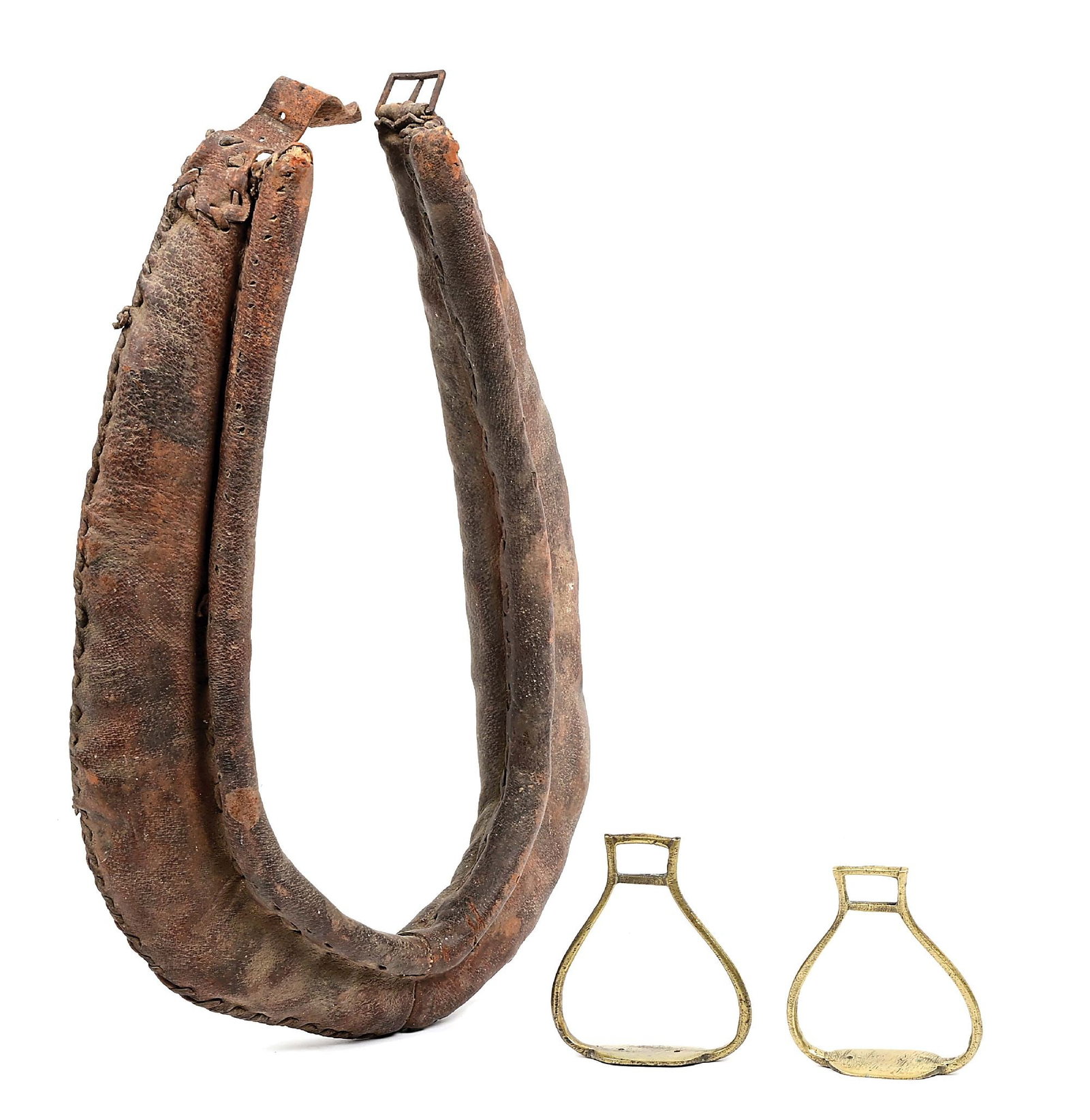 A PAIR OF 18TH C. BRASS STIRRUP "IRONS" AND A HORSE COLLAR: 1) A pair of cast-brass stirrup "irons" of 18th century English form for hunting or light horse saddle, each 5 x 4 3/8 inches, showing fairly coarse finishing work and filing. They were acquired from 