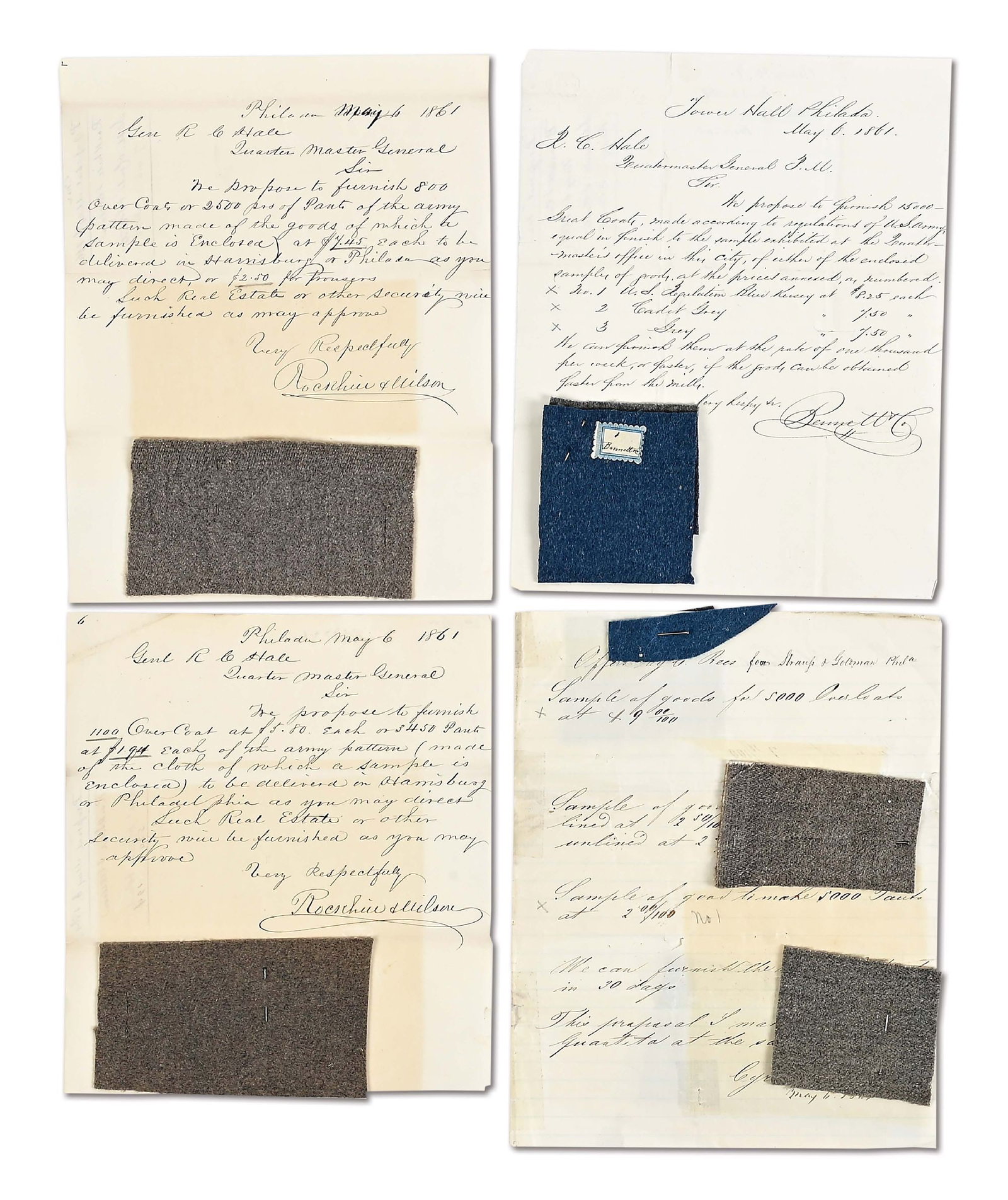 1861 ARCHIVE OF CIVIL WAR UNIFORM CLOTH SAMPLES W/ CORRESPONDENCE.: An archive relating to the contracting of uniforms for the Pennsylvania regiments being raised for Federal service during the opening days of the Civil War, consisting of In-letters to Reuben C. Hale,