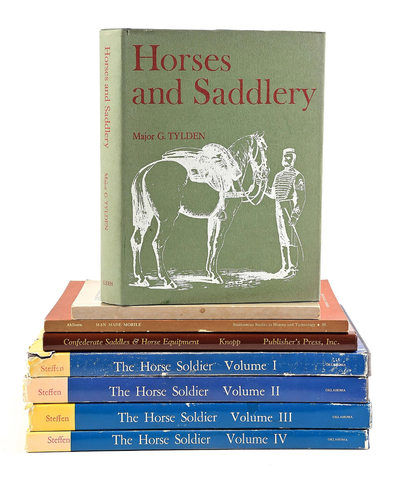 OUT-OF-PRINT REFERENCE BOOKS ON SADDLERY AND HORSE EQUIPAGE.: 1) Richard E. Ahlborn, ed. "Man Made Mobile: Early Saddles of Western North America." 1st ed. PB (1980); 2) Ken R. Knopp. "Confederate Saddles & Horse Equipment." 1st ed. HB. (2001) signed by author; 