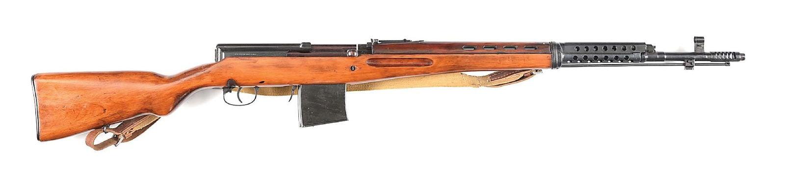(C) TULA SVT-40 SEMI-AUTOMATIC RIFLE.: Manufactured in 1941. Full arsenal refinished with redipped blued finish, slotted muzzle brake, hooded post front sight, tangent rear, plum dipped bolt, and 2-piece lacquer finished finger-groove stoc