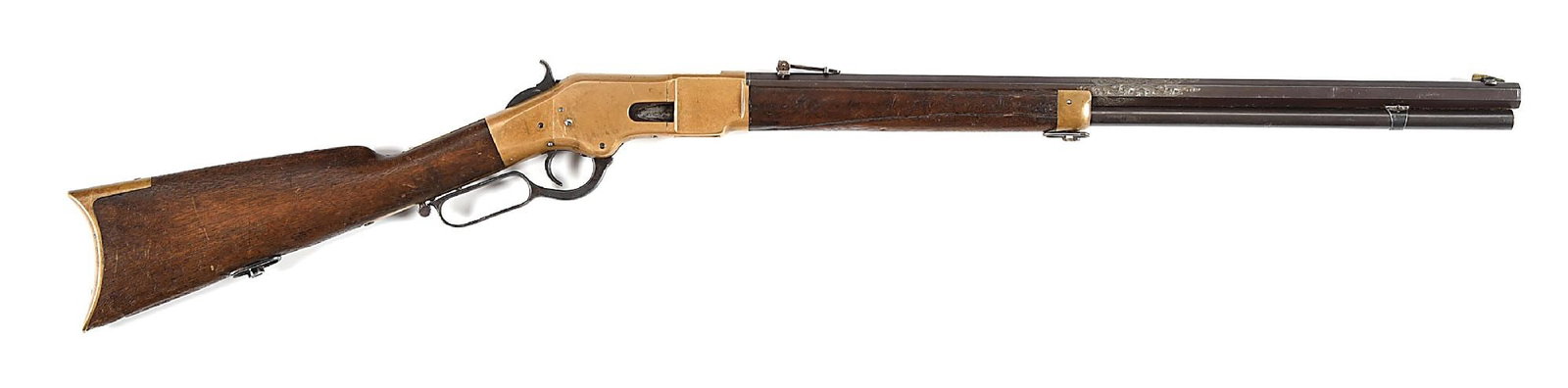 (A) WINCHESTER MODEL 1866 LEVER ACTION RIFLE.: 3rd Model rifle manufactured circa late 1869. The 24" octagonal barrel features a pair of engraved bands at the muzzle, as well as panels of scroll and punch dot engraving near the nose cap, applied a