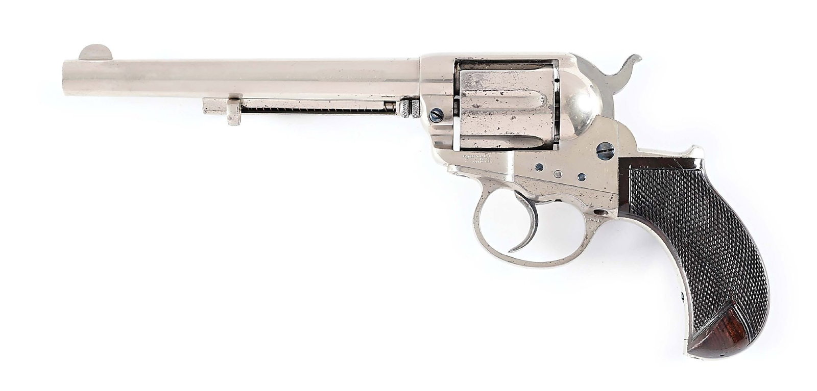 (A) COLT MODEL 1877 LIGHTNING DOUBLE ACTION REVOLVER.: According to the Colt factory archive letter, this gun left the factory as a .38 Colt with a 6" barrel. Finish was nickel, grips were not listed. It was shipped to Hartley & Graham New York, New York,