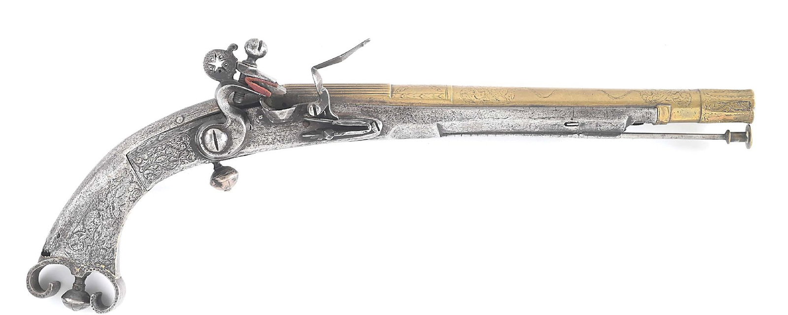 (A) IMPORTANT EARLY 18TH CENTURY BRASS-BARRELED SCOTTISH FLINTLOCK PISTOL.: For a similar example with this form see plate I on page 111 of "The Scottish Pistol" by Martin Kelvin. Circa 1715-1725. Rare solid brass barrel of classic form with extensive scroll engraving incorpo