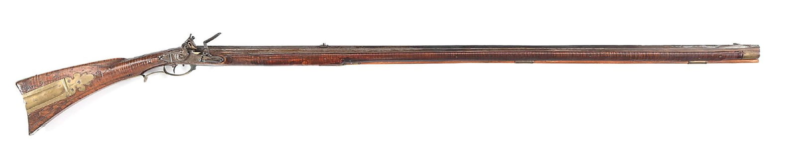 (A) EARLY AND IMPORTANT RELIEF CARVED SIGNED JOHN MOLL FLINTLOCK KENTUCKY RIFLE.: This early Lehigh County rifle features an octagon barrel inscribed "John Moll" on the top flat. The flat lockplate is Germanic in style. The brass furniture includes an engraved two piece patchbox wi