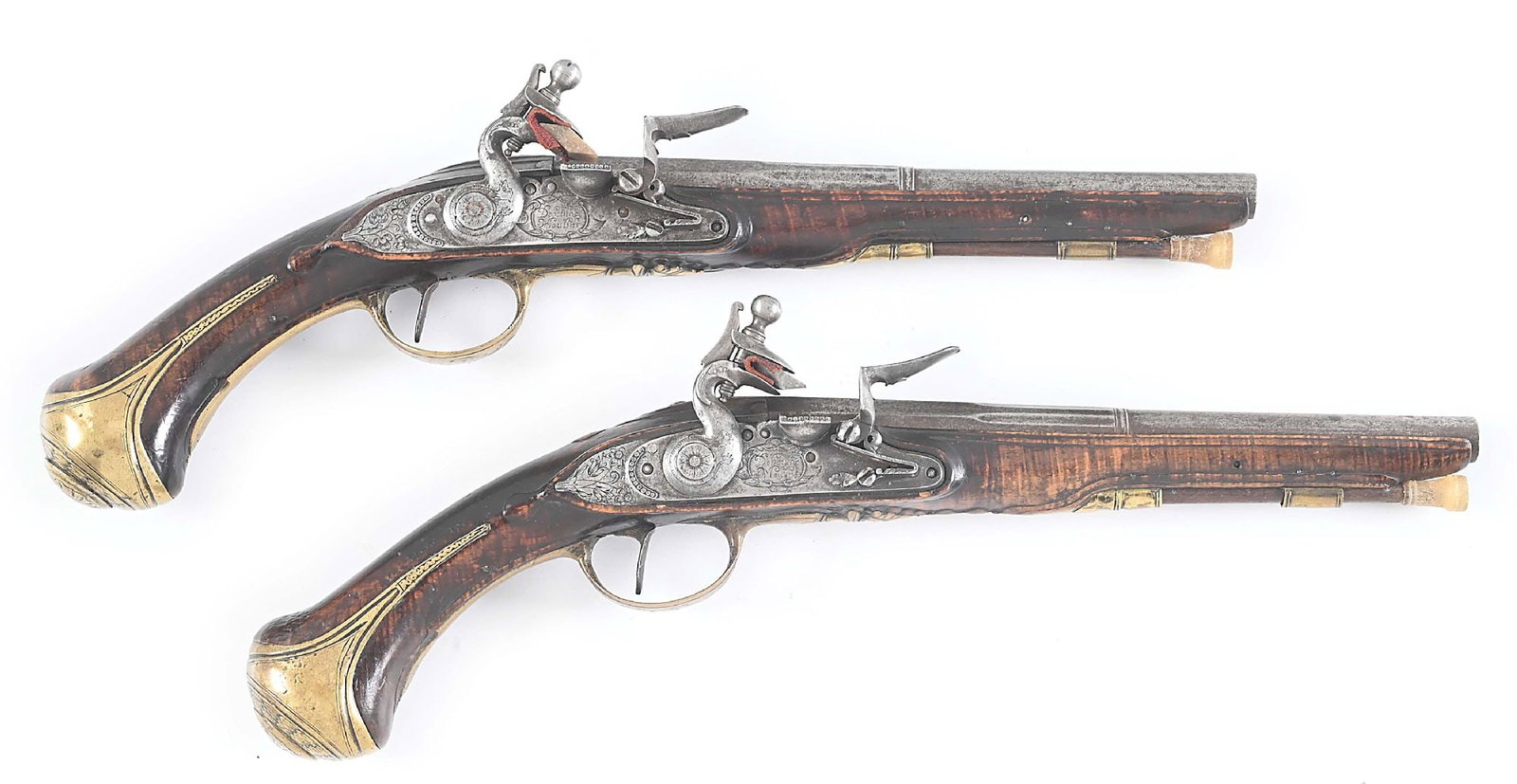 (A) PAIR OF FRENCH FLINTLOCK PISTOLS BY DEBOUSHE OF MOULINS.: Moulins, where these pistols were made circa 1760, is southwest of Paris, not far from St. Etienne Arsenal. The pistols are fine quality and have tapered three-stage barrels. The flat lock plates have