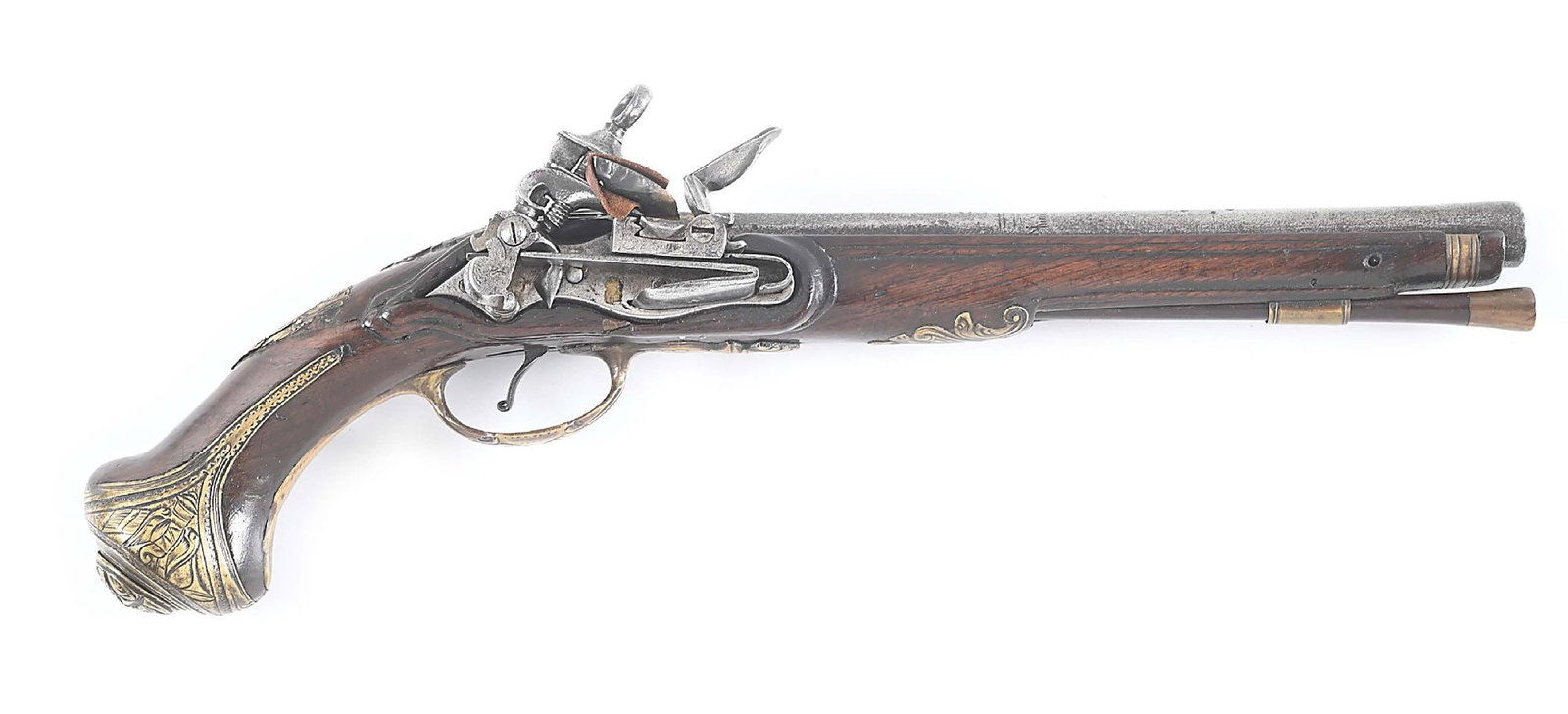 (A) SPANISH MIQUELET FLINTLOCK PISTOL.: Circa 1760-1780. Two-stage Spanish barrel with swamped muzzle and brass and silver inlays at breech along with indistinct maker's mark. Engraved miquelet lock with indistinct brass cartouche. Engraved