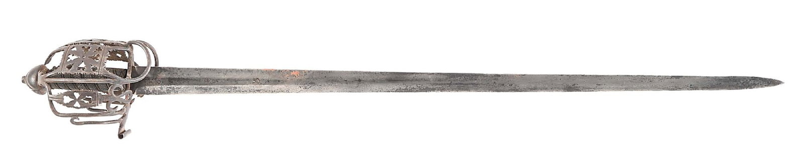 SCOTTISH MID-18TH CENTURY BASKETHILTED BROADSWORD.: Circa 1735-50. Straight double-edged diamond-section blade marked deeply on short center flat with three "S"' stamps on both sides. Classic early to mid-18th century full basket with scalloped and chi