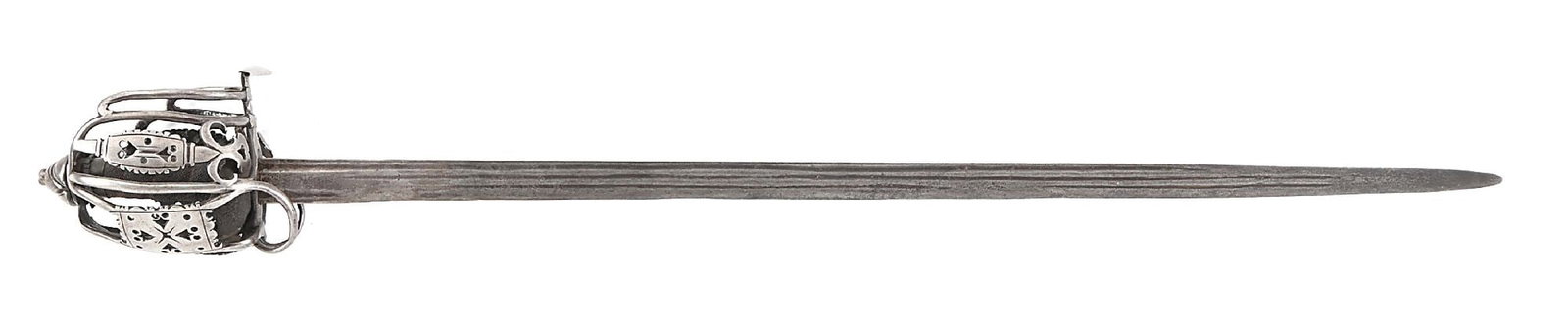 PRE-CULLODEN SCOTTISH GLASGOW BASKET-HILT BACKSWORD.: Circa 1700-1725. For a nearly identical example of this hilt, see plate 27 on pages 38-39 of "Scottish Swords and Dirks" by John Wallace. Straight single-edged blade with three narrow fullers with "FE