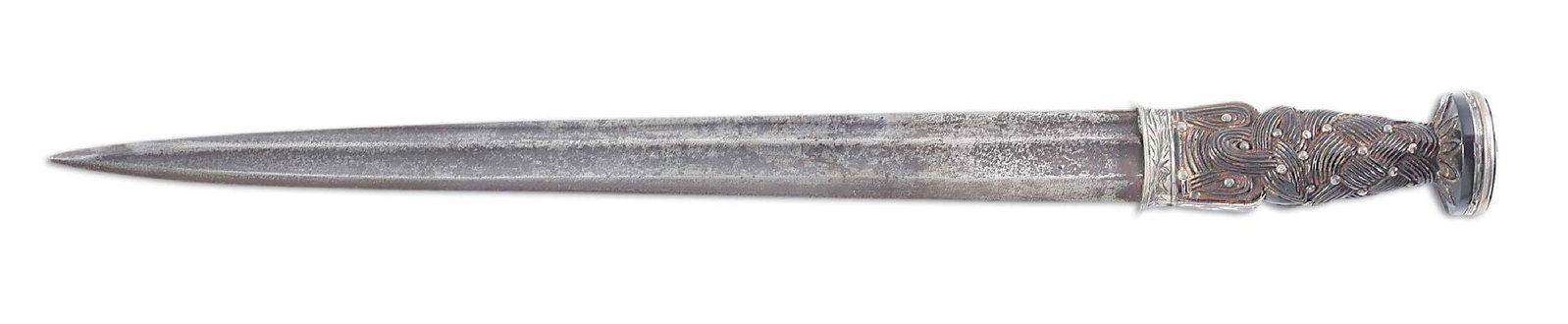 MID-18TH CENTURY SILVER-MOUNTED SCOTTISH DIRK.: For an example with similar form, see plate 60 on page 66 of "Scottish Swords and Dirks" by John Wallace. The blade is an original dirk blade. The straight tapered double-fullered blade has a single c