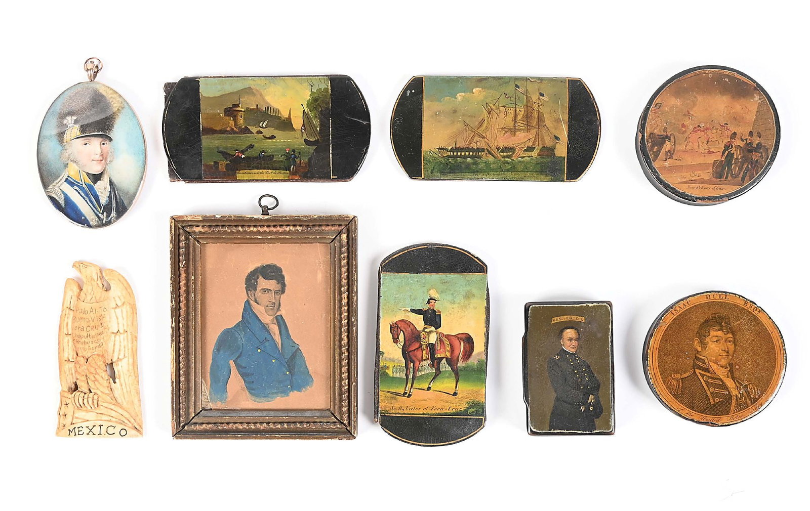 LOT OF 9: PORTRAIT MINIATURES, SNUFF BOXES, AND OTHER FEDERAL PERIOD EPHEMERA.: Lot consists of various early-mid 19th century snuff boxes that feature hand painted portraits or scenes from the period. There are also a few portrait miniatures including a hand colored half body po
