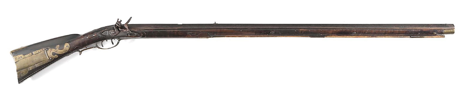(A) RELIEF CARVED FLINTLOCK KENTUCKY RIFLE SIGNED L. MICHAEL HOUNVER.: Probably southern, this rifle features a heavy octagon barrel. Germanic lock with double-set-triggers. Brass furniture including an engraved four piece patchbox. The sideplate is inscribed "* L * Mich