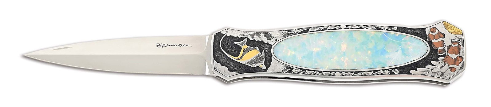 TIM HERMAN CUSTOM OPAL LOCKBACK ENGRAVED BY RAY COVER.: Made by AKI member Tim Herman and hand engraved by Ray Cover Jr., this beautiful knife features an ATS-34 steel dagger blade with maker mark. Signed by Ray Cover Jr. on top of frame near blade. Stainl