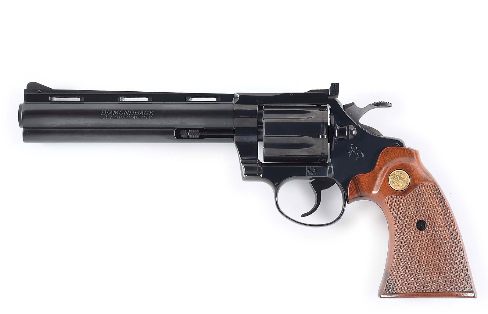 (M) COLT DIAMONDBACK .38 SPECIAL DOUBLE ACTION REVOLVER WITH BOX.: Factory letter states it was shipped on May 14, 1980 to Howco Dist. in Laurel, MD. Standard six shot double action with high polish blue finish, vent rib, standard front sight, adjustable rear sight, 