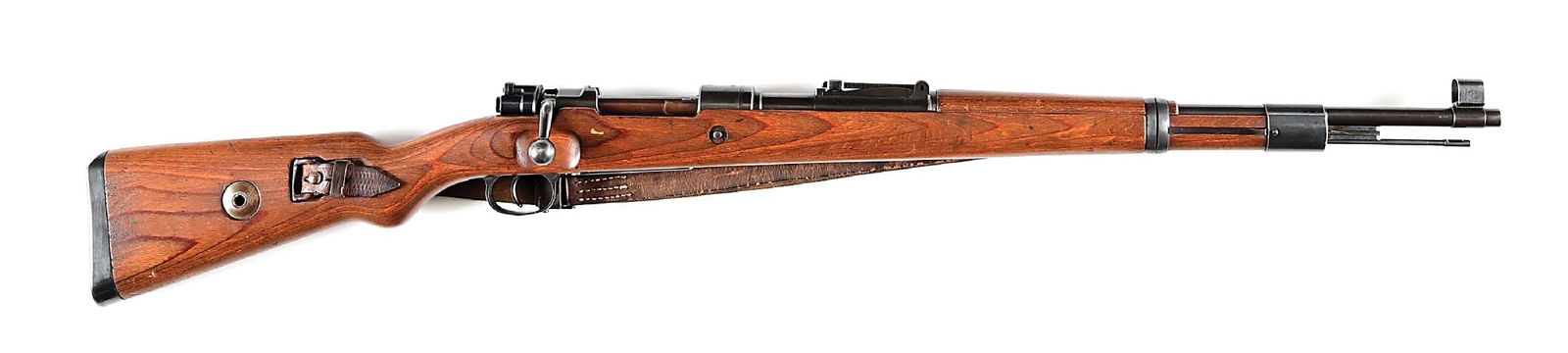 (C) FINE BRUNN DOU 42 CODE K98 MAUSER BOLT ACTION RIFLE.: Manufactured in German occupied Czechoslovakia. Features include blue finish, hooded blade front sight, tangent rear, red glue laminate stocks, milled mounts, and blued cupped butt plate. Externally v