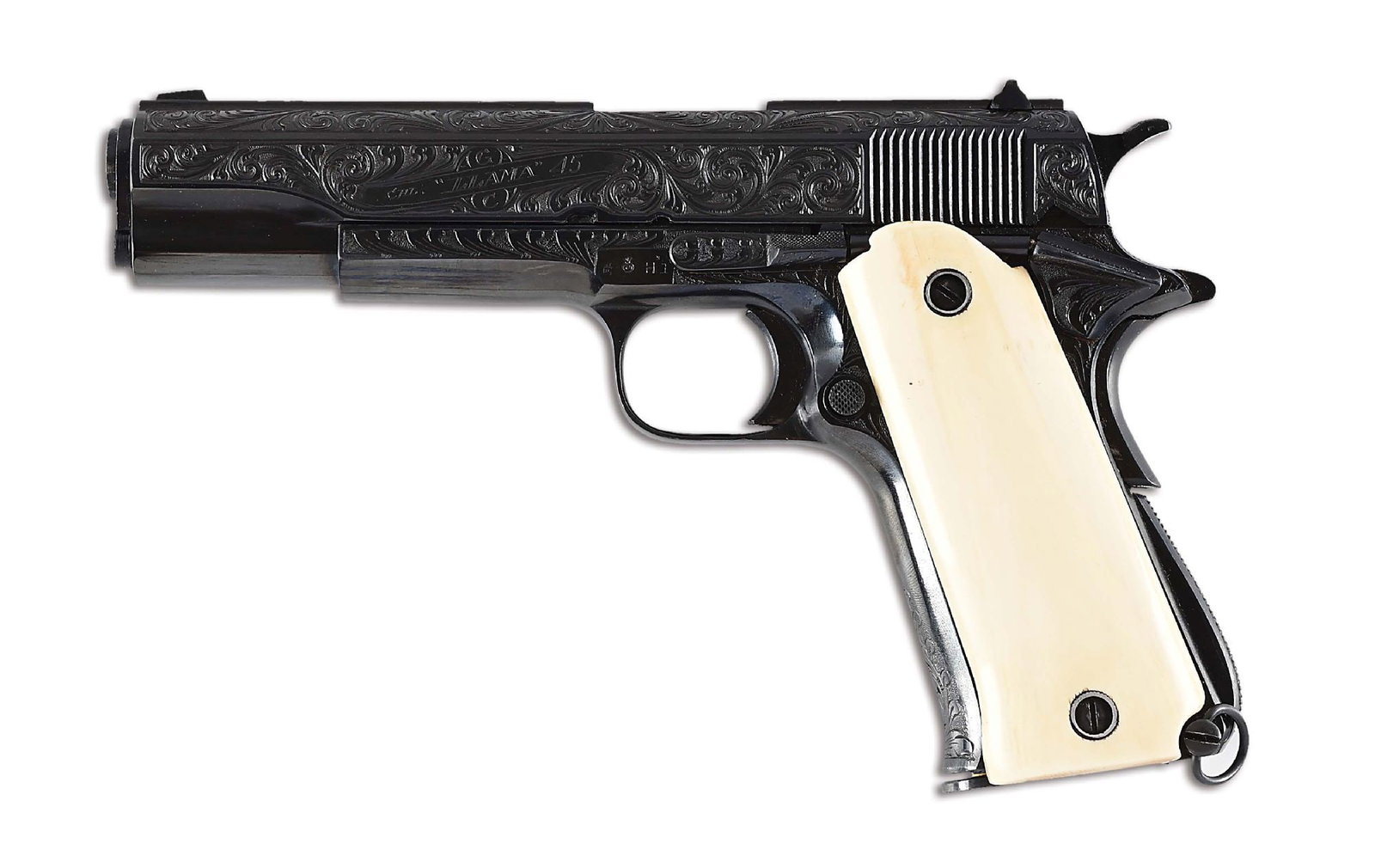 (C) FACTORY ENGRAVED LLAMA .45 ACP SEMI-AUTOMATIC PISTOL.: This pistol is based on the 1911 platform. Made in Spain, this gun has the H1 date code for 1962. Finish is high polish blue, ribbed slide, wind drift rear sight, and ivory grips. One magazine. Pistol