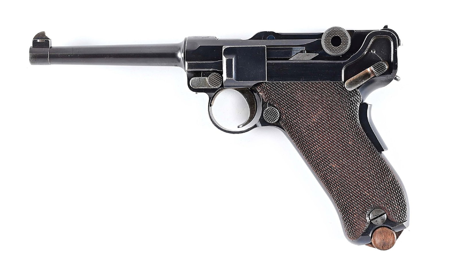 (C) DWM MODEL 1906 AMERICAN EAGLE LUGER SEMI-AUTOMATIC PISTOL.: American Eagle crest over the chamber and DWM in scroll on the front toggle link. GERMANY export stamped under the serial number on the front of the frame and the bottom of the magazine. Wide grip saf