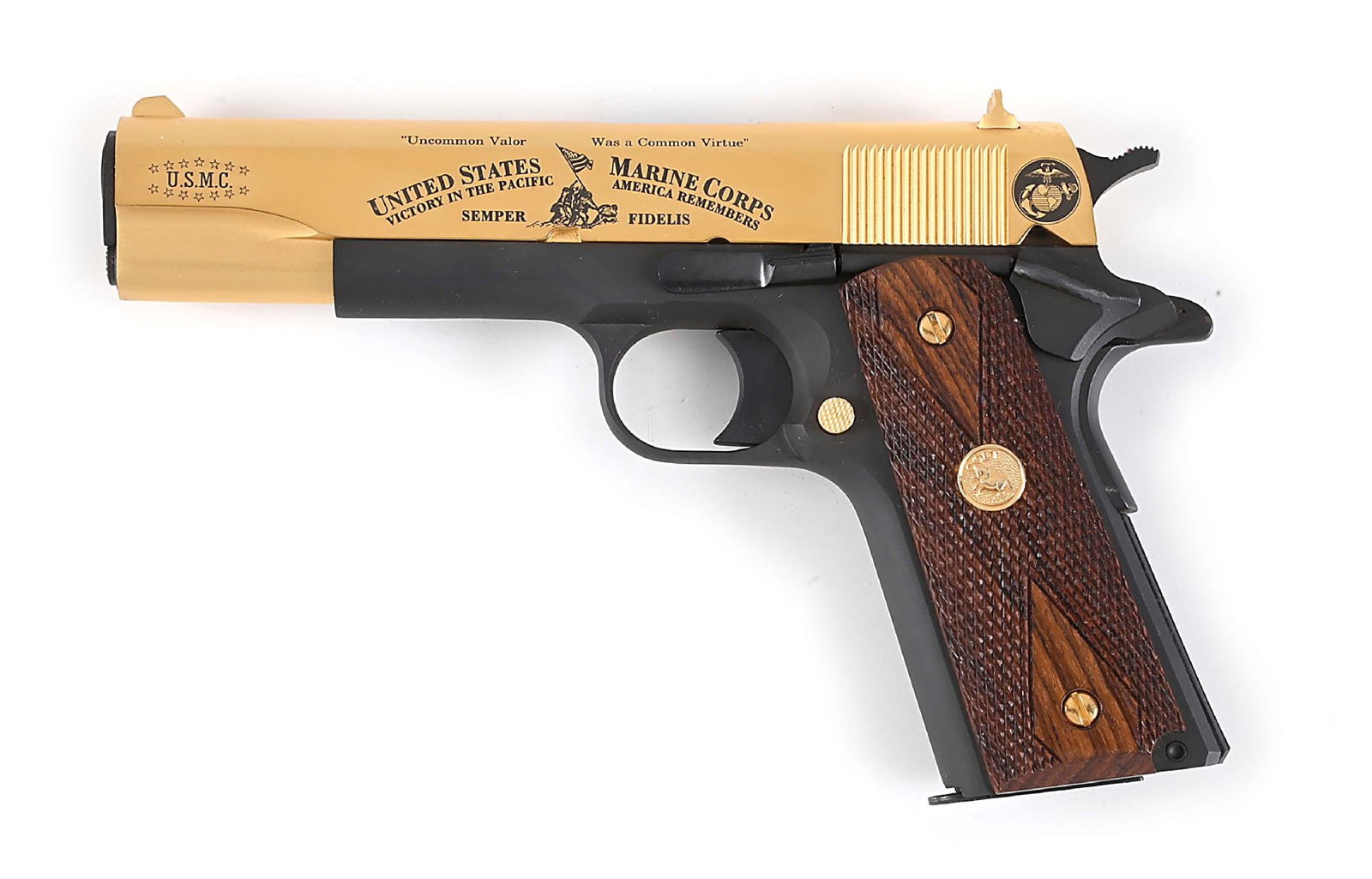 (M) COLT USMC SPECIAL EDITION 1911 .45 ACP SEMI-AUTOMATIC PISTOL WITH CASE.: The Colt gold plated slide battle scene engraved on right side Marine Corp Iwo Jima flag raising scene on left. Frame is black matte finish, screws are gold plated. Grips are double diamond checkered