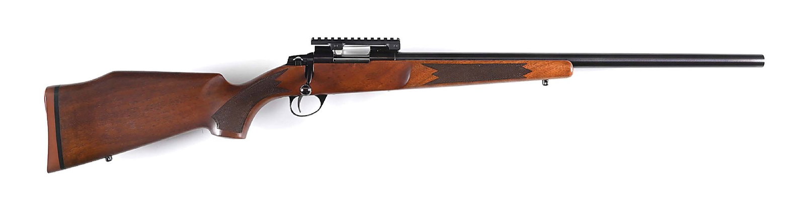 (M) SAKO MODEL PPC SINGLE SHOT BOLT ACTION BENCHREST RIFLE: Made in Finland. Features rust blue heavy round barrel with no sights, scope bases and Picatinny rail mounted to receiver, oil finish checkered walnut stock with pistol grip, slight Monte Carlo comb, 