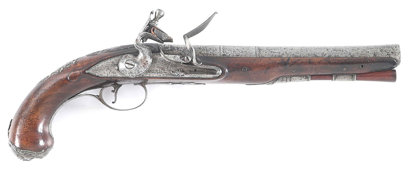 (A) BRITISH SILVER MOUNTED FLINTLOCK OFFICER'S PISTOL BY COLLUMBELL.: Three-stage iron barrel with swamped muzzle, top engraved with partially visible "COLLUMBELL LONDON", London private view and proof marks, and maker's mark on left side of breech. The lock is engraved