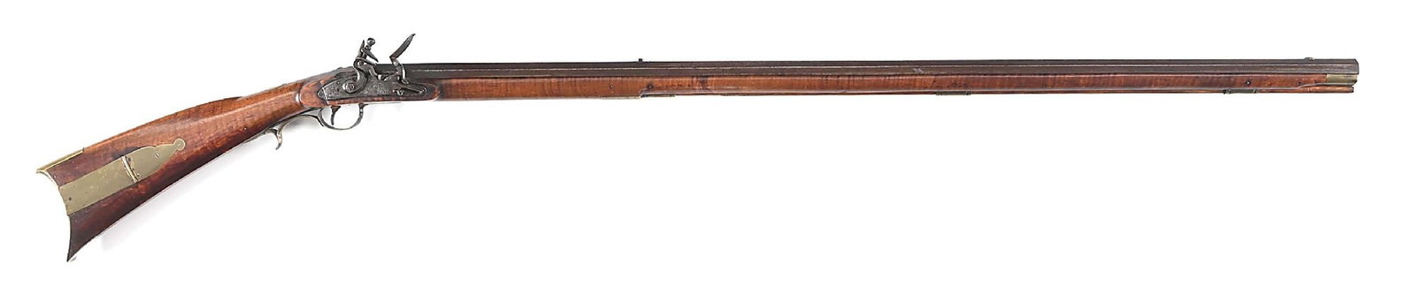 (A) LEHIGH COUNTY FLINTLOCK KENTUCKY RIFLE.: Unmarked browned octagon barrel. Lock features a roller frizzen, waterproof pan and stamp-engraving. Center stamped "TRYON / PHILADA". Plain brass furniture including a two piece patchbox with liberty