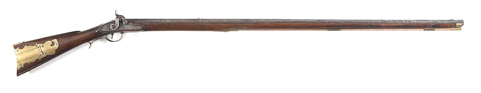 (A) WALNUT STOCKED PERCUSSION KENTUCKY RIFLE.: Probably a contract rifle for militia use or for Indian presentation. Octagon barrel with a flat, stamp-engraved British imported lockplate converted to percussion. Plain brass furniture including a f