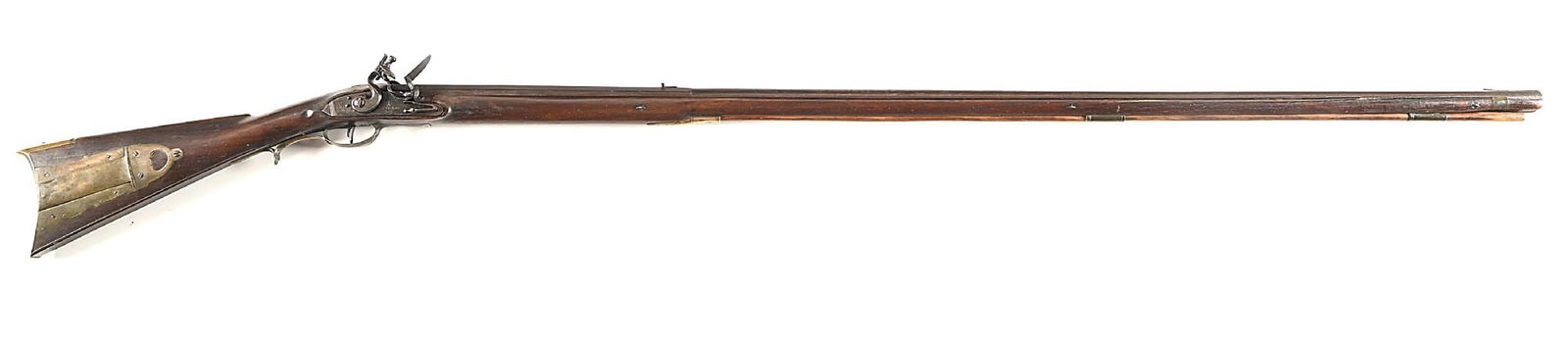(A) WALNUT STOCKED FLINTLOCK BUCK AND BALL KENTUCKY WAGON RIFLE.: This wagon rifle features a two-stage barrel with sights mounted on top flat. The lockplate is marked "KETLAND / & Co." in the center, tail engraved with a pheasant. Brass furniture including a four-p