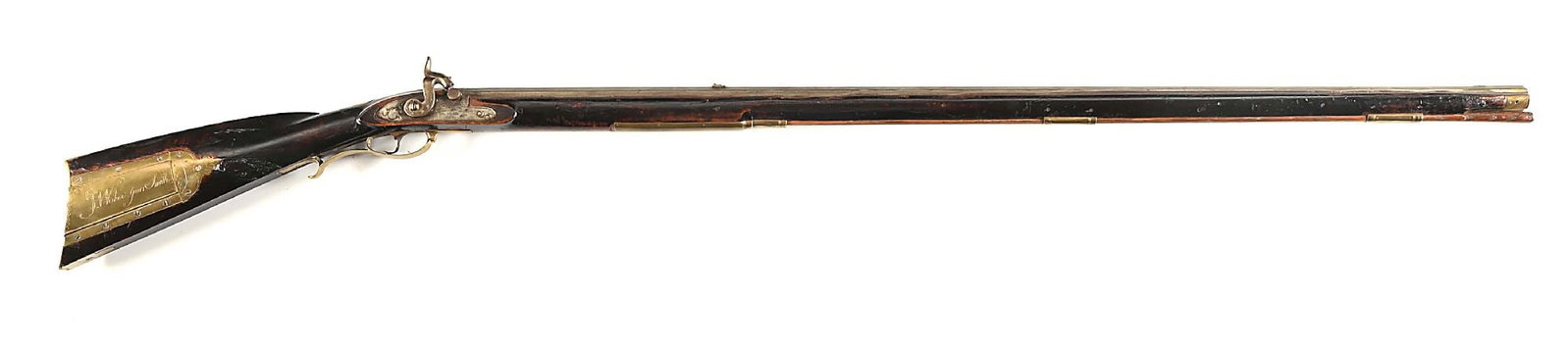 (A) PERCUSSION KENTUCKY RIFLE WITH G. WEIKER SIGNED BUCKS COUNTY PATCH BOX.: This circa 1830-1850 Kentucky rifle was stocked using an early and original engraved and "G. Weiker gun Smith" signed four-piece Bucks County patchbox. This is the earliest form of Bucks County matchb