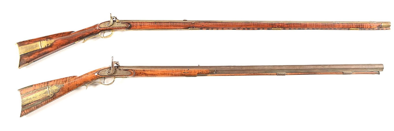 (A) LOT OF 2: PERCUSSION KENTUCKY RIFLES, ONE BY FORDNEY.: Lot consists of: (A) Unsigned percussion full-stock Lehigh County rifle with two-piece engraved patchbox, forend wear plate engraved with Allentown Indian head, and cheekpiece engraved with a folky ea