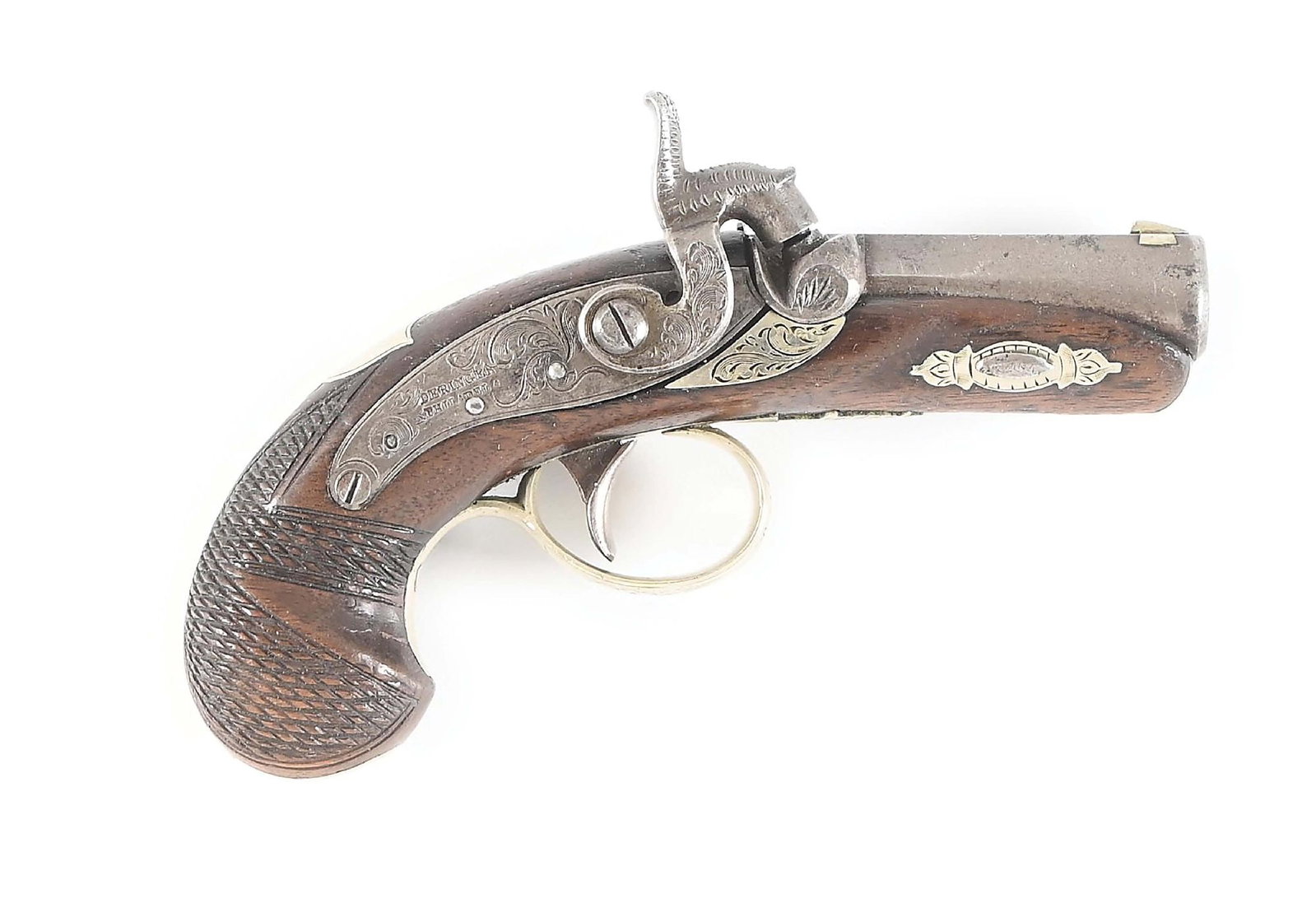 (A) CURRY SAN FRANCISCO LINCOLN SIZE HENRY DERINGER PERCUSSION PISTOL.: Top barrel flat marked "N. CURRY / SAN FRANCo CALA / AGENT", dating this pistol circa 1863 to 1868 and indicating its sale in the West. The barrel otherwise bears standard "P" proof and "DERINGER / PH