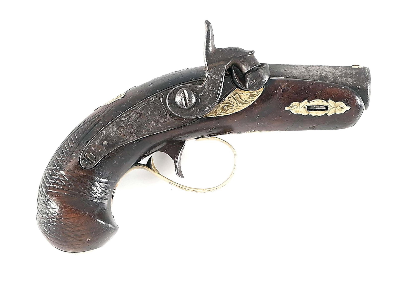 (A) HENRY DERINGER PEANUT SIZE PERCUSSION PISTOL.: Manufactured by Henry Deringer in Philadelphia during the mid-19th century as marked "DERINGER / PHILADELA" on both lock and barrel. This example is of the desirable small "peanut size" with 2" barrel