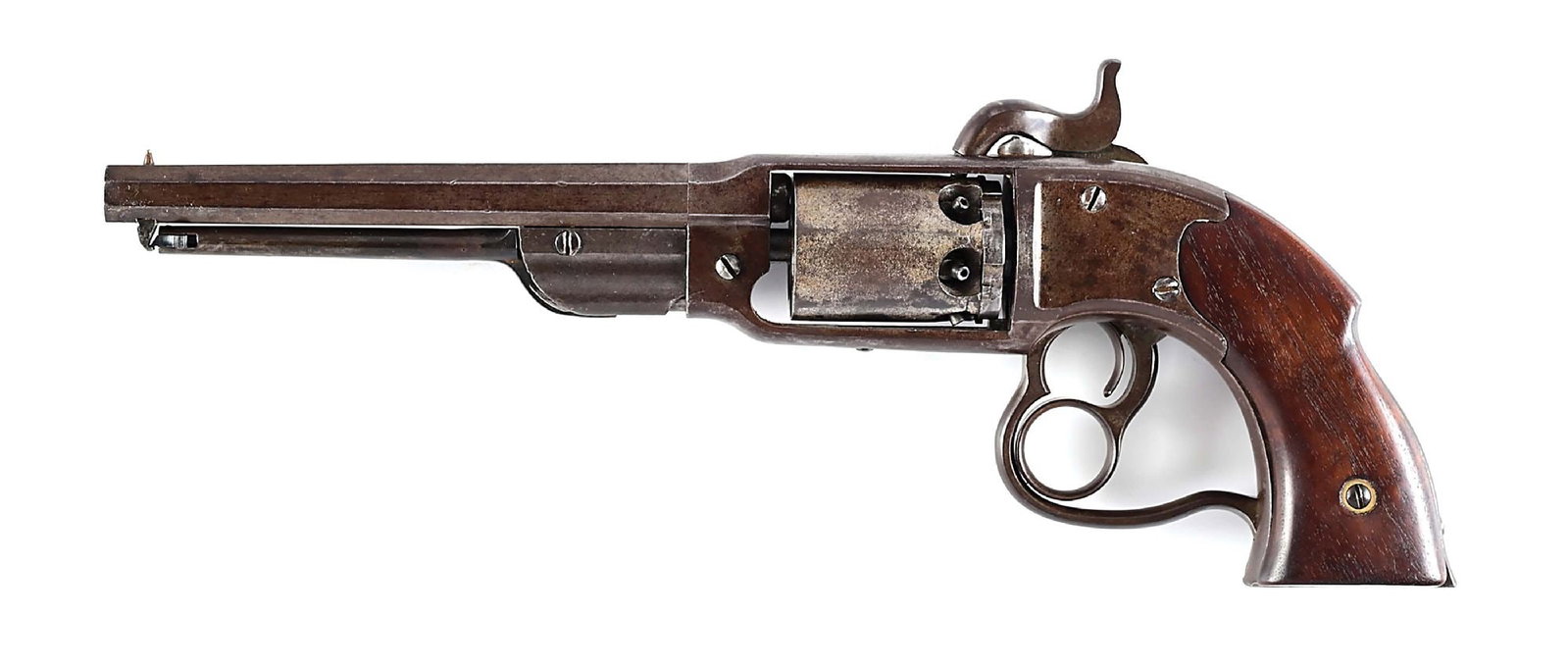 (A) SAVAGE NAVY MODEL PERCUSSION REVOLVER.: This is a Navy model made from 1861 through the war by Savage in Middletown, CT. There is no anchor on the barrel nor are there any visible cartouche stamps on the grips but there are C & W government