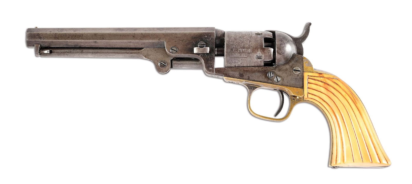 (A) COLT 1849 POCKET PERCUSSION REVOLVER WITH DESIRABLE 6" BARREL.: Manufactured in 1860 prior to the opening shots of the Civil War. Blued 6" octagon barrel with 2-line Hartford address and brass pin front sight. 5-shot percussion cylinder rolled with a largely legib
