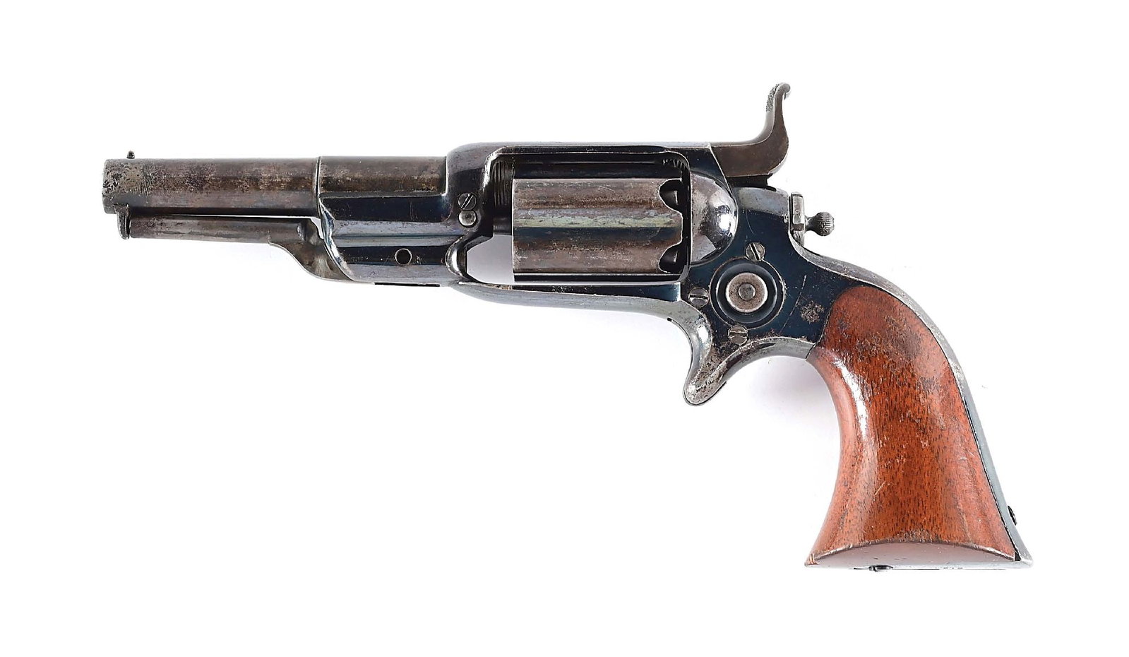 (A) COLT MODEL 1855 ROOT SIDEHAMMER PERCUSSION REVOLVER.: Manufactured in 1863, fifth variation. Features fluted cylinder, spur trigger, and one piece varnished walnut grips. The unusual aspect of this revolver is that the last 1/2" of barrel is bored out to
