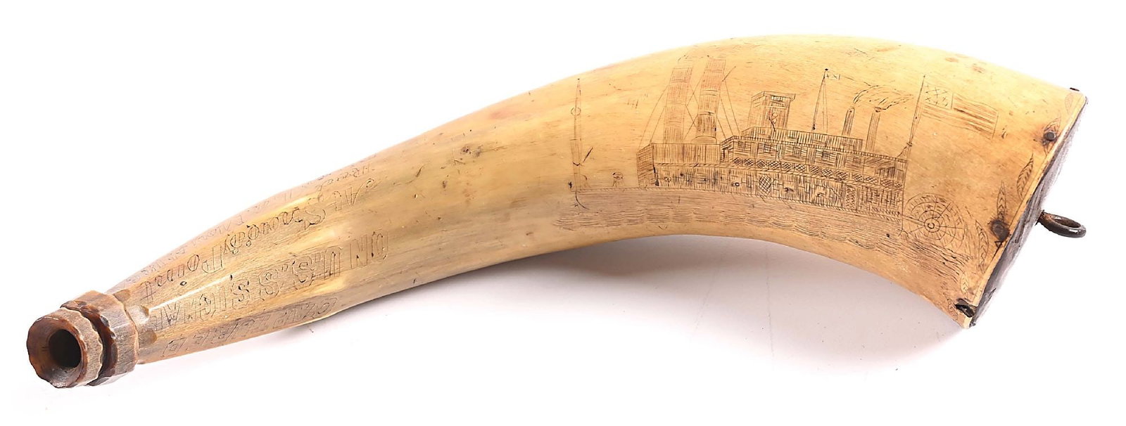 CIVIL WAR POW CAMP ART POWDER HORN FROM TYLER TEXAS.: An interesting example of Civil War camp art carved by a Union prisoner at Camp Ford, Tyler, Texas. Flat wood base plug with iron loop. Faceted neck. Two-ring, chip carved spout. The main body bears a