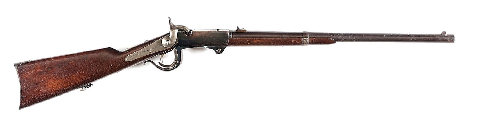 (A) RARE TRANSITIONAL 2ND/3RD MODEL BURNSIDE SADLE RING SINGLE SHOT CARBINE: This carbine is in the second model serial range but has the walnut forearm of a third model. The lock is stamped with "Bristol Firearms Co" while right side of lever has the rare "G.P. FOSTER PAT / A