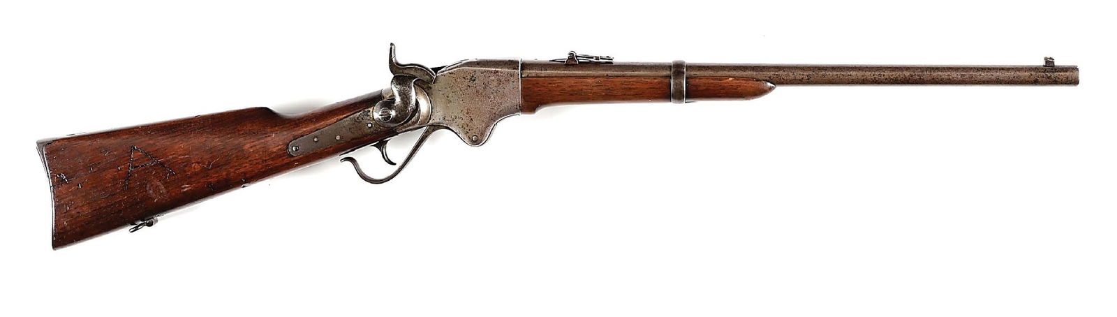 (A) SPENCER MODEL 1860 LEVER ACTION REPEATING CARBINE.: Arguably, one of the most famed weapons of the Civil War due to its large capacity butt fed tube magazine. The tube held seven cartridges and if you had a loaded 10 Tube Blakeslee cartridge box over y