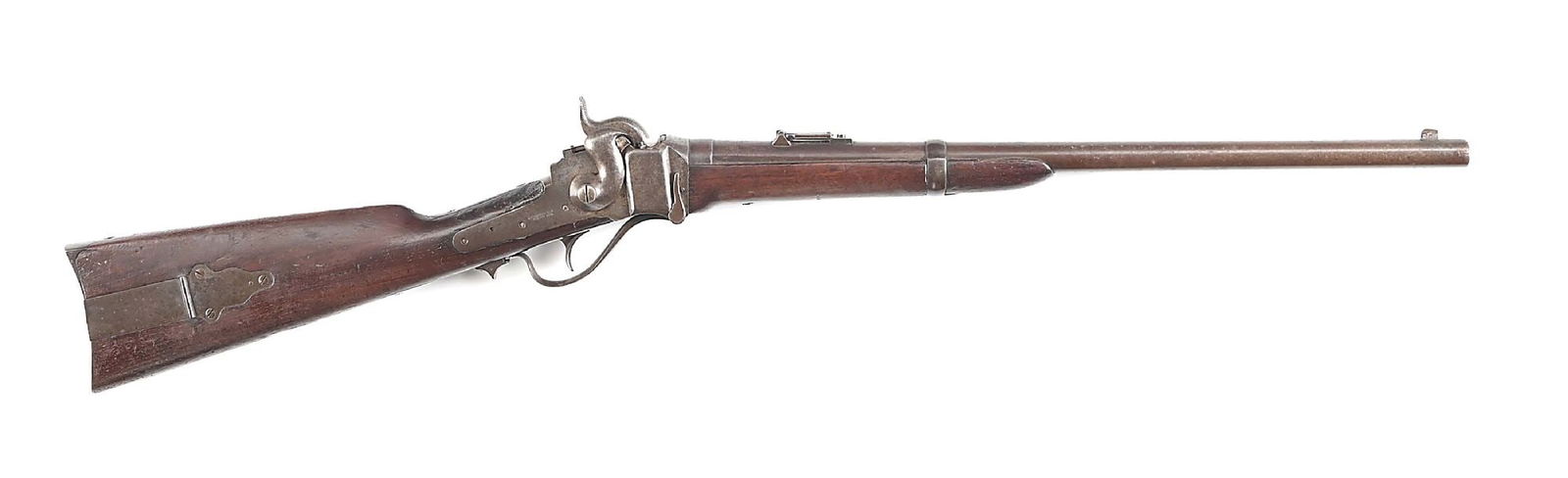 (A) SHARPS PERCUSSION NEW MODEL 1863 U.S. SADDLE RING CARBINE.: Standard Civil War issue carbine. Features round barrel, saddle ring and bar, right side patch box, Lawrence stamped rear ladder sight, post front sight, single barrel band, walnut butt stock with iro
