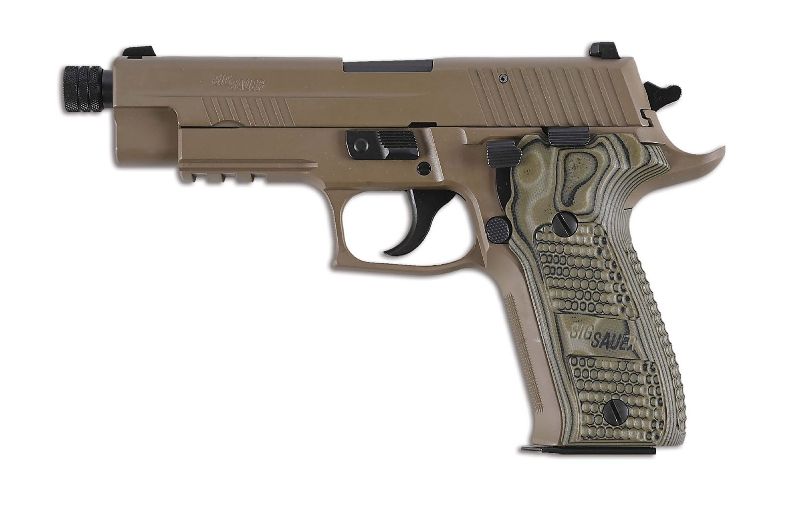 (M) SIG P226 ELITE SCORPION 9MM SEMI-AUTOMATIC PISTOL WITH CASE.: This double action pistol features the flat dark earth finish, matte blue accents, threaded barrel, Picatinny bottom 3-groove rail, white dot sights and comes with two 10 round magazines in case with 
