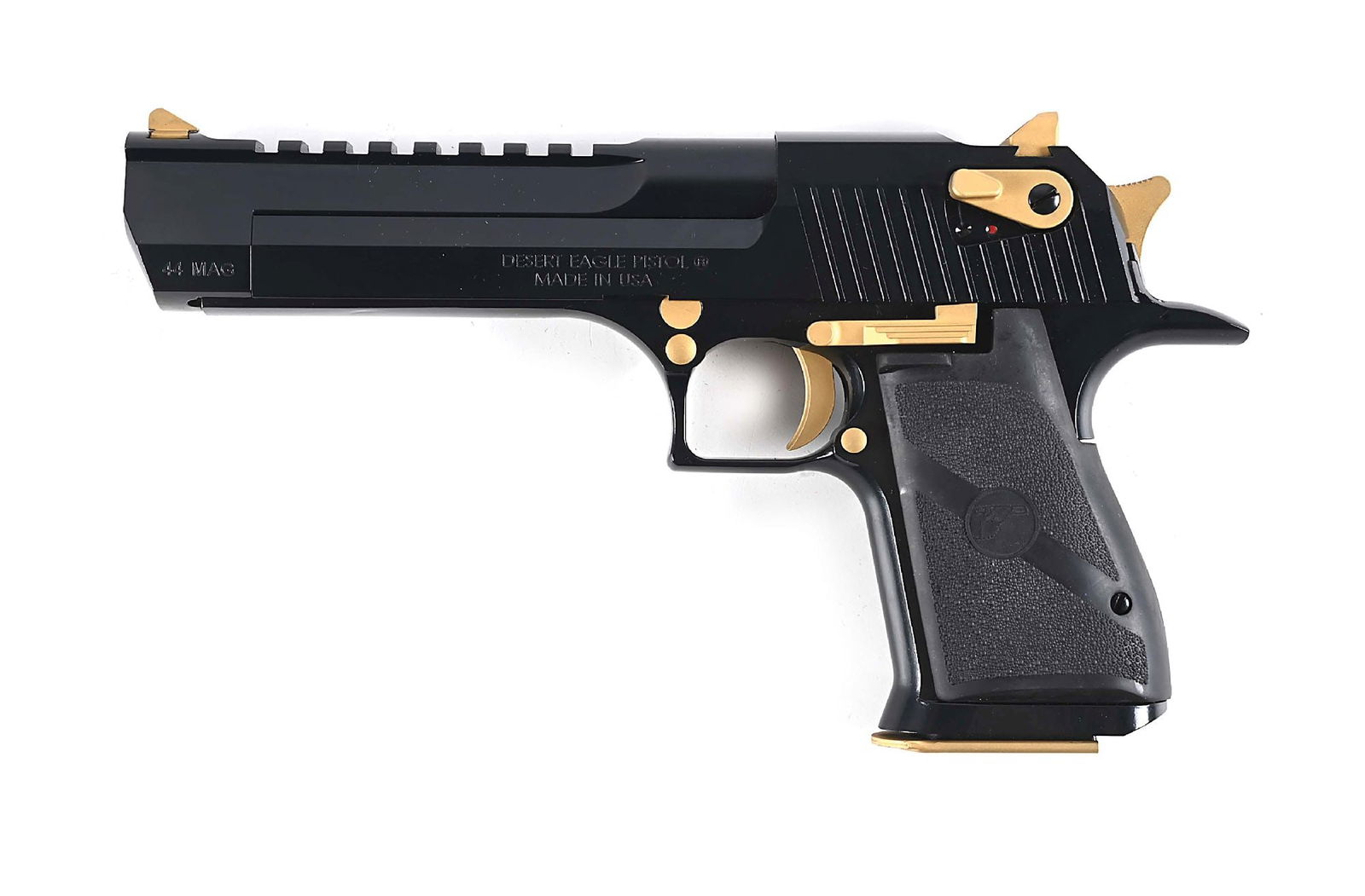 (M) MAGNUM RESEARCH DESERT EAGLE .44 MAGNUM SEMI-AUTOMATIC PISTOL WITH CASE.: This example was made in the USA. It features the high polish blue finish with matte gold accents. Features wind drift front and rear sights, rubber grips, Picatinny top rail, one 8-round magazine and