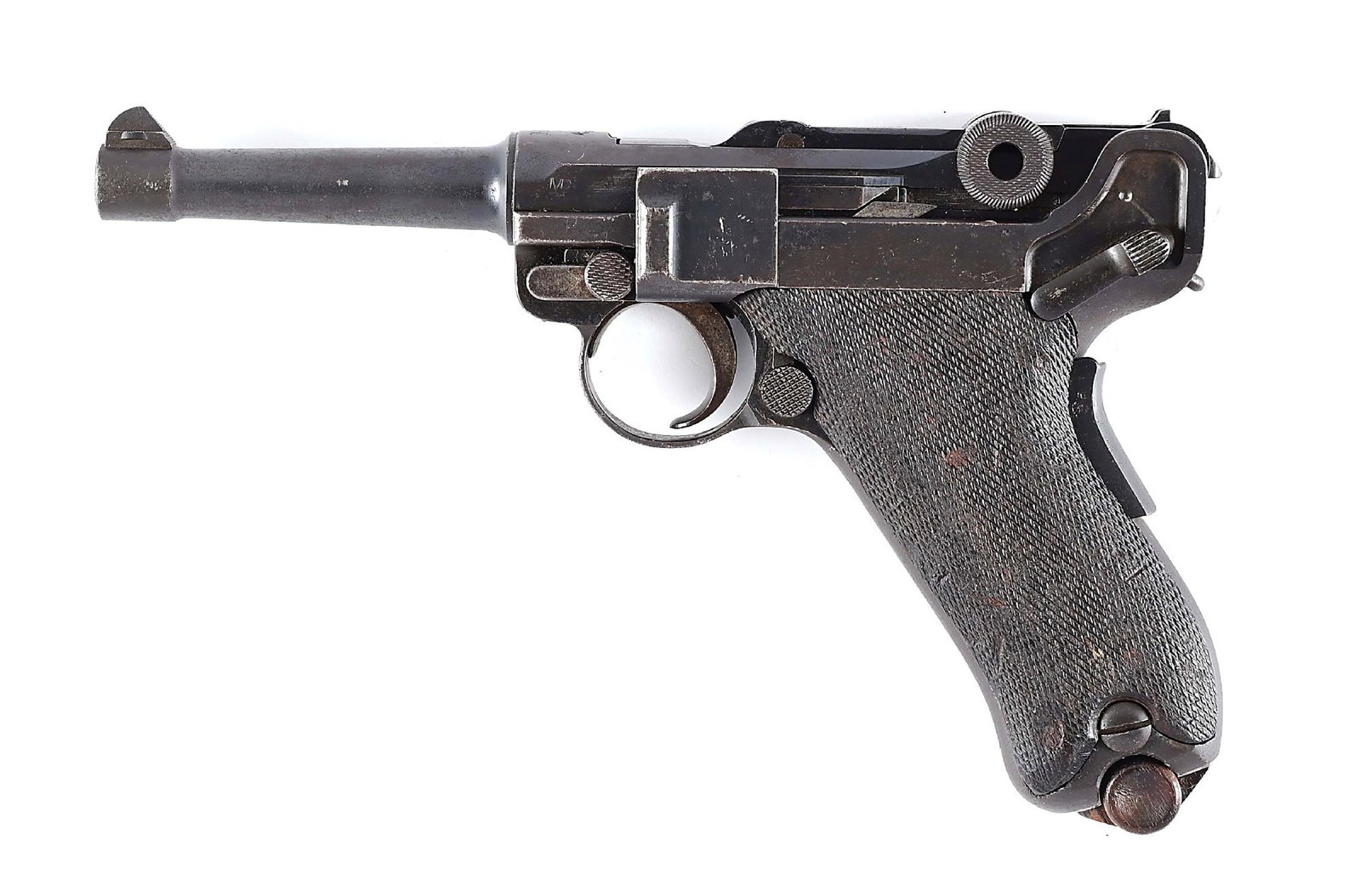 (C) SCARCE PORTUGUESE NAVY CONTRACT MODEL 1906 LUGER SEMI AUTOMATIC PISTOL.: Republic of Portuguese 1906 Navy. These were made after 1910 and an estimated 1000 pistols were manufactured. It has a R.P. and a Fouled anchor above the chamber. DWM in script on the front toggle lin