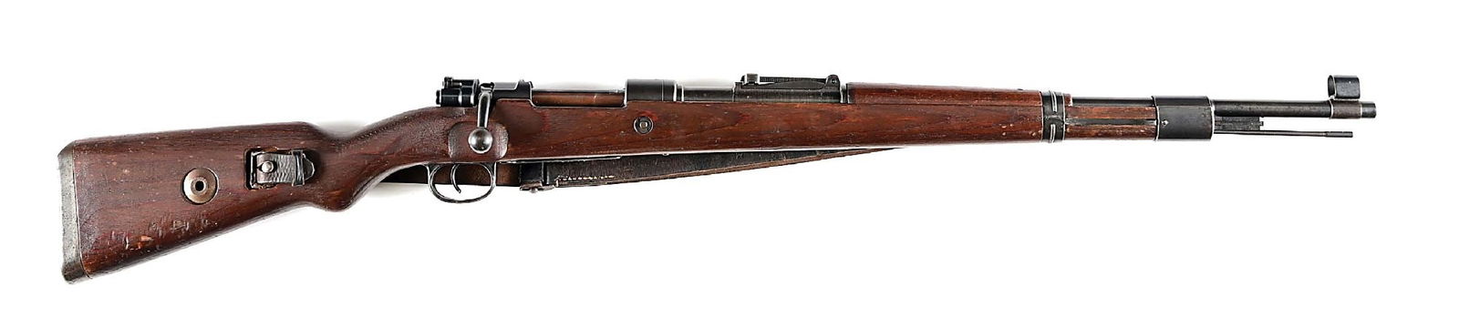 (C) BRUNN DOU 43 CODE K98 BOLT ACTION RIFLE.: Manufactured in occupied Czechoslovakia in 1943. Features include blued finish, hooded blade front sight, tangent rear, red glue laminate stocks, milled forward band, stamped rear band, stamped floor