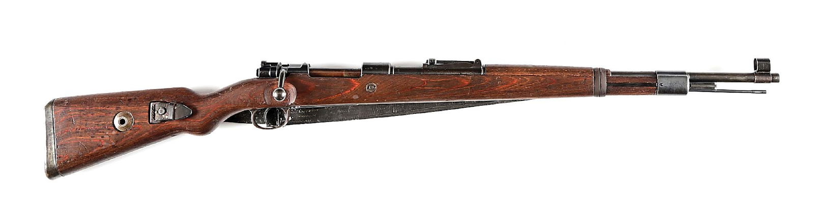 (C) GUSTLOFF-WERKE BCD 41 CODE K98 MAUSER BOLT ACTION RIFLE.: Manufactured in Weimar by Gustloff in 1941. Features include blued finish, hooded blade front sight, tangent rear, eagle over "H" Heer acceptance stamped red glue laminate stocks, milled mounts, and c