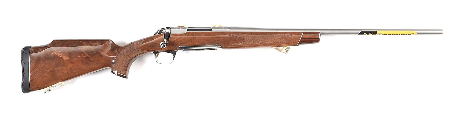 (M) BROWNING X-BOLT WHITE GOLD MEDALION BOLT ACTION RIFLE IN .270 WSM.: Manufactured by Miroku in Japan in 2015. Satin stainless construction. Fitted with a tapered barrel without iron sight provisions, retaining the original Browning retailer sticker. Action laser engrav