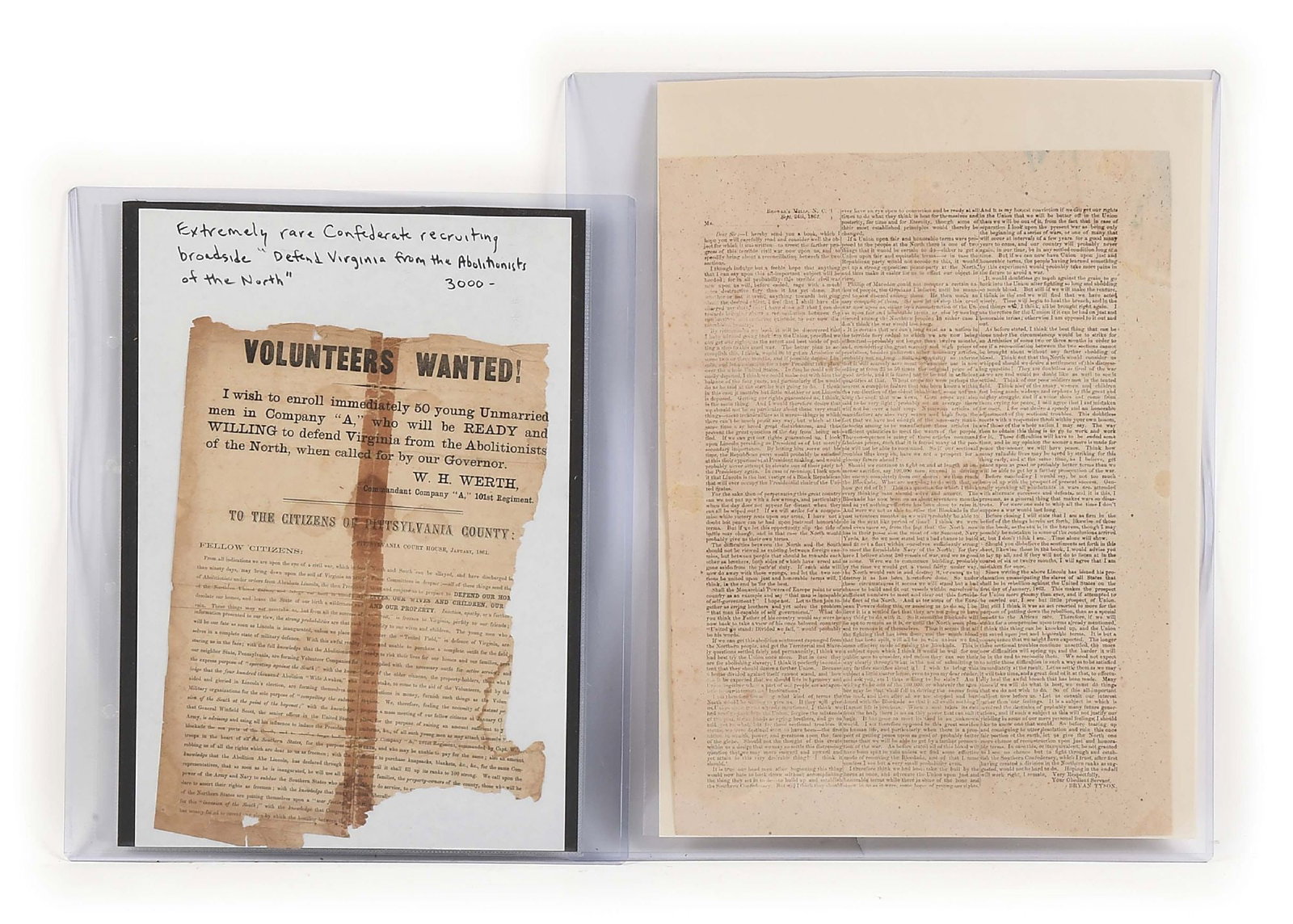 LOT OF 2: CIVIL WAR SOUTHERN BROADSIDES: Lot consists of two Civil War southern broadsides with military and pro-slavery content. (A) North Carolina anti-Emancipation Proclamation September 1862 broadside by Bryan Tyson of Browers Mills, Nor